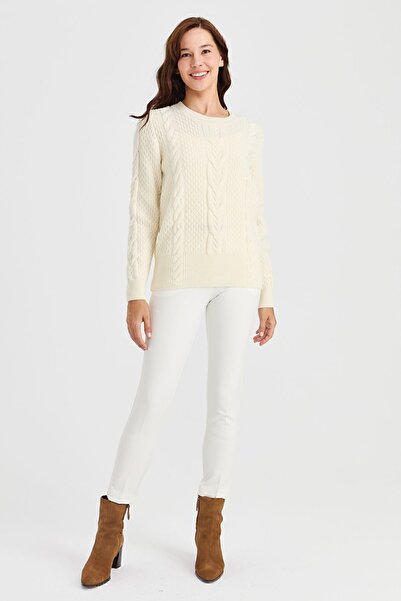 Desen Triko Women's Zero Collar Medium Hair Knitted Wool Sweater Bone