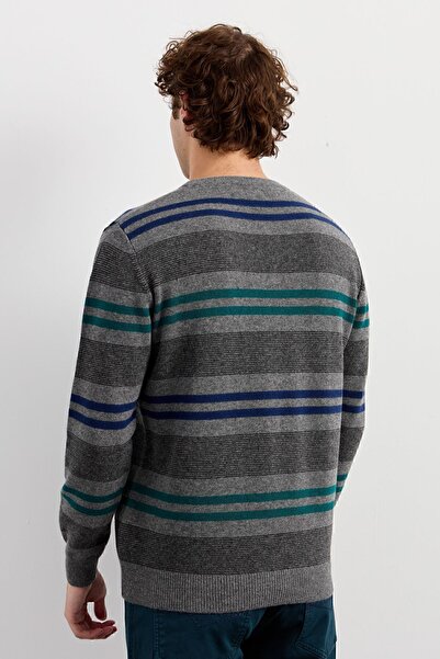 Desen Triko Чоловічий светр з коміром-стійкою, кольоровими смужками, класичний, вовняний, димчасто-сірий