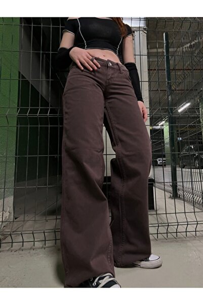 viking's line Kahverengi Likralı Süper Yüksek Bel Salaş Jeans Palazzo Pantolon. (SÜPER YÜKSEK) Wide Leg