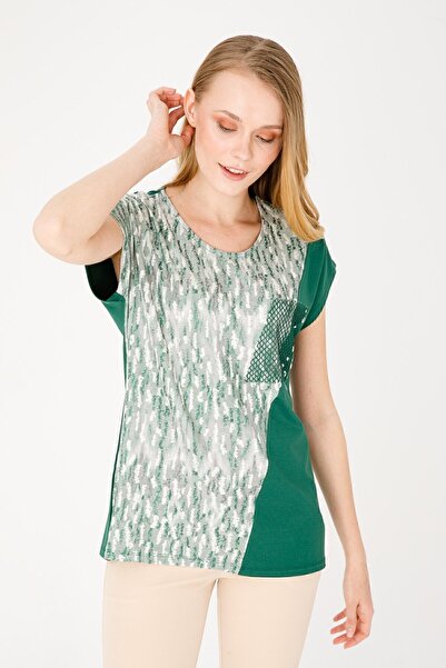 Desen Triko Women's Crew Neck Low Sleeve Mesh Pocket Combed Cotton Blouse Green