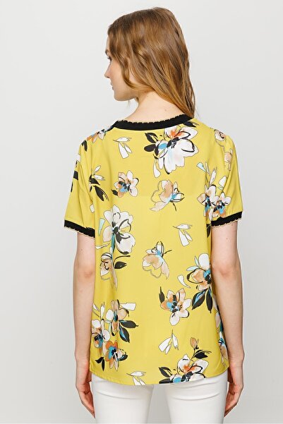 Desen Triko Women's Crew Neck Colorful Patterned Combed Cotton T-shirt Yellow