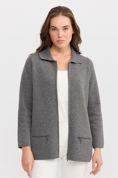Desen Triko Women's Polo Collar Pocket Zippered Wool Cardigan Smoked
