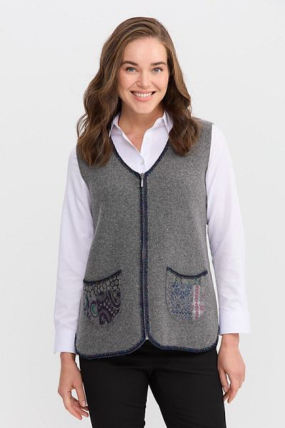 Desen Triko Women's V-Neck Water Stone Beaded Embroidered Short Wool Vest Smoked
