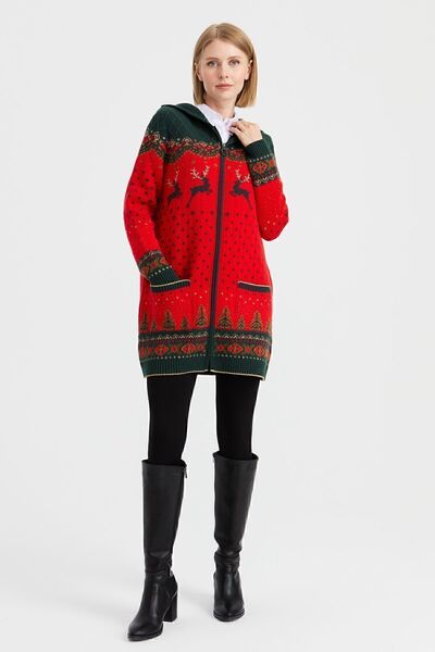 Desen Triko Women's Hooded Deer Patterned Wool Cardigan Coral