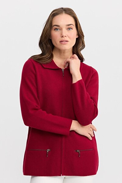Desen Triko Women's Polo Collar Pocket Zippered Wool Cardigan