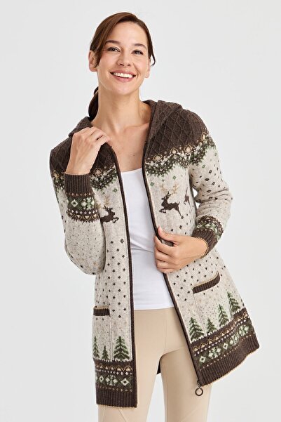 Desen Triko Cardigan din lână cu model de cerb cu glugă maro