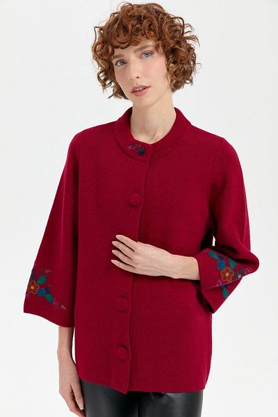 Desen Triko Women's Woolen Short Jacket with Stand Collar and Embroidered Sleeves - V.cavity