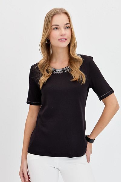 Desen Triko Tricou de damă, cu guler, bumbac brodat, negru