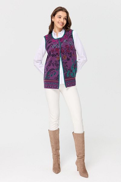 Desen Triko Vestă de lână cu model de iederă, pentru femei, cu gât rotund, violet deschis