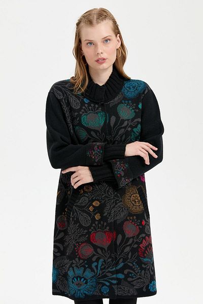 Desen Triko Cardigan lung de lână negru - Guler în picioare și imprimeu floral colorat