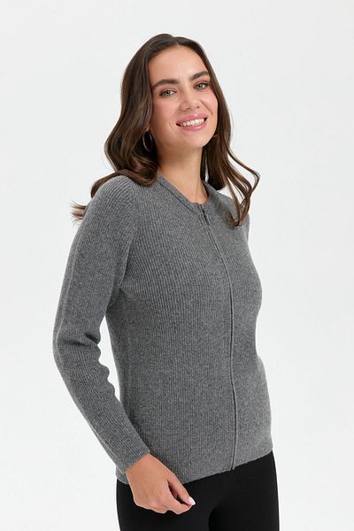 Desen Triko Women's Smoke Colored Wool Cardigan - Zero Collar, Seamless and Zip-up