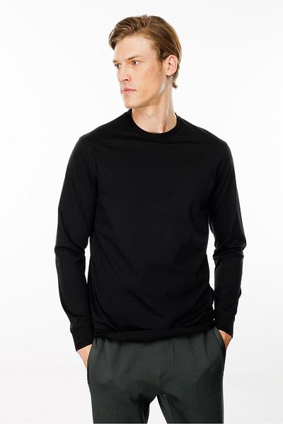 Desen Triko Μαύρο Basic βαμβακερό μπλουζάκι - Crew Neck, Μακρύ μανίκι