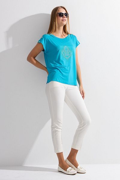 Desen Triko Tricou de damă cu decolteu în formă de Ancoră cu pietre în față, albastru