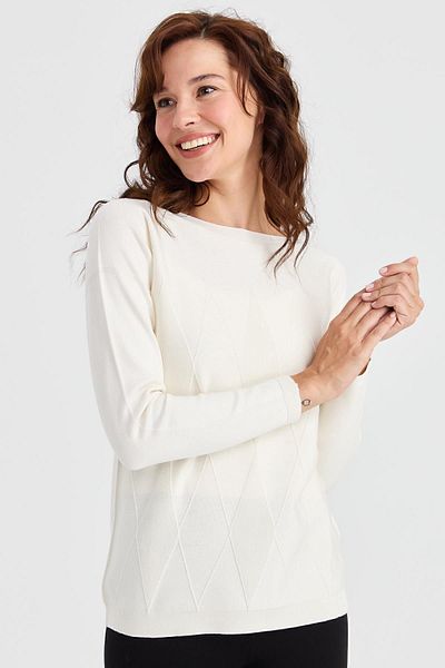 Desen Triko Pulover din tricot cu diamante pentru damă, cu gât în față, os