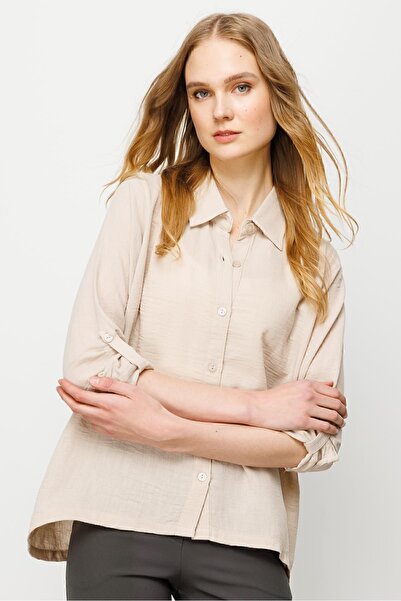 Desen Triko Γυναικείο Φαρδύ Πουκάμισο Μπεζ Μπεζ