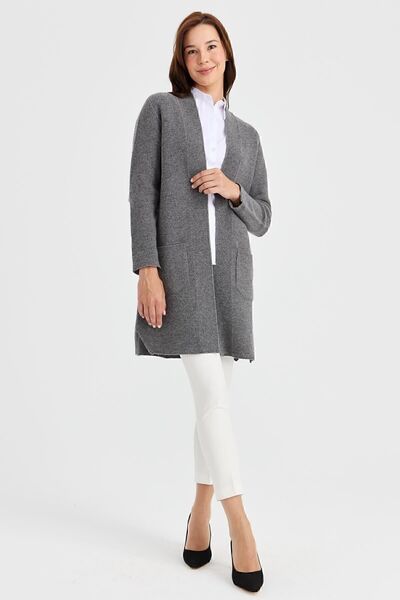 Desen Triko Women's High Collar Self-Banded Long Wool Cardigan Smoked