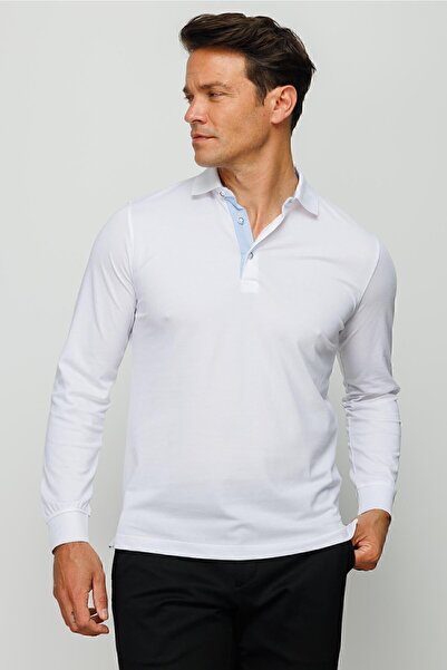 Desen Triko Ανδρικό μακρυμάνικο φούτερ με γιακά πόλο λευκό