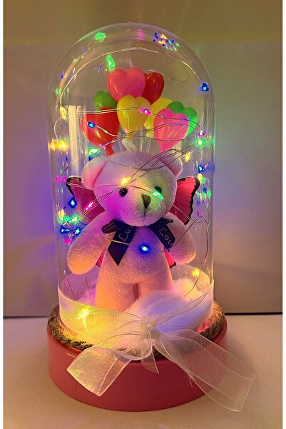 LOTUSS Unique Kelebekli Pembe Ayıcıklı Balonlu APG Peri Ledli Fanus Doğum Günü Hediye kelebek buketi