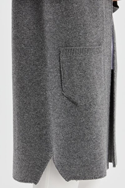 Desen Triko Women's High Collar Self-Banded Long Wool Cardigan Smoked