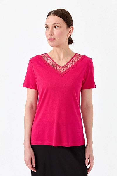 Desen Triko Tricou de damă, cu decolteu în V, cu guler din dantelă, fucsia