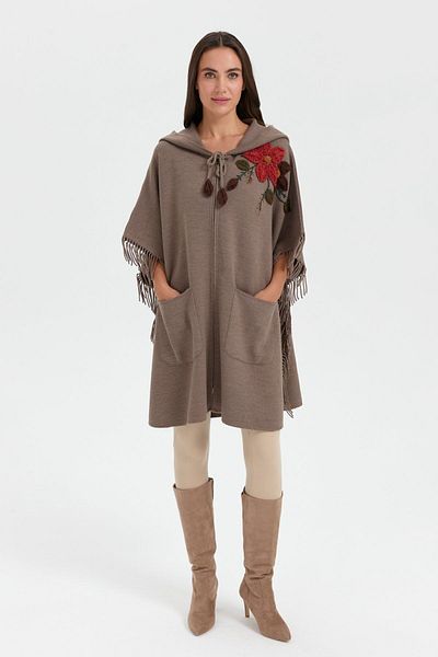 Desen Triko Shoulder Floral Embroidered Hooded Women's Poncho Mink