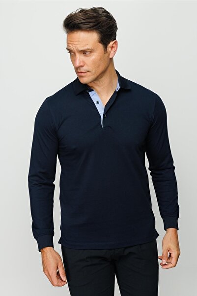 Desen Triko Ανδρικό μακρυμάνικο φούτερ με γιακά πόλο Navy Blue