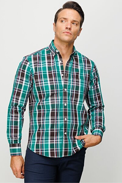 Desen Triko Ανδρική τσέπη με γιακά με κουμπιά 100% βαμβακερό καρό σχέδιο κανονικό πουκάμισο μεσαίας κοπής πράσινο