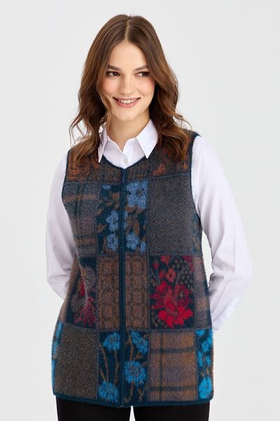 Desen Triko Жіночий жилет з патчворком без коміра, нафтова