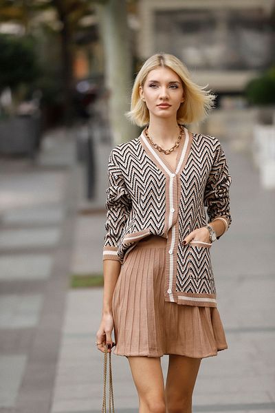 Threeco Zigzag Patterned Cardigan and Skirt Set