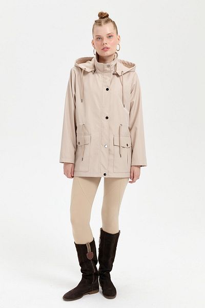 Desen Triko Beige Women's Trench Coat - Hooded, Flap Pocket, Short