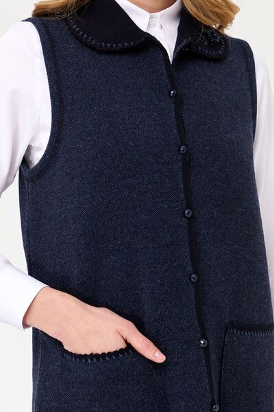 Desen Triko Women's Polo Collar and Pocket Crocheted Wool Vest Dark Blue
