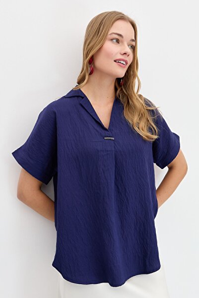 Desen Triko Жіноча блуза з застібкою спереду, темно-синя