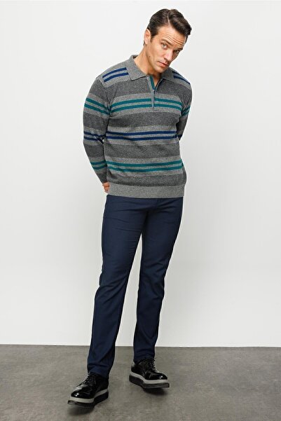 Desen Triko Men's Polo Collar Colored Striped Thick Wool Sweater Smoked