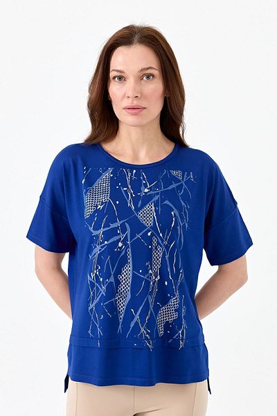 Desen Triko Tricou Saks pentru damă, cu gât crew, din bumbac pieptănat, imprimat cu plasă în față