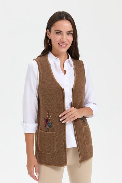Desen Triko V-neck Embroidered Women's Wool Vest - Pocket Top Camel