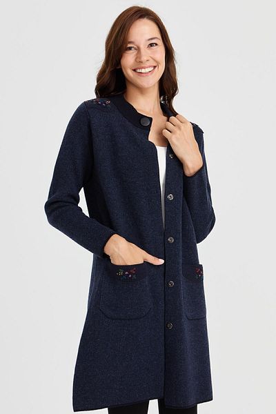 Desen Triko Cardigan de lână pentru femei albastru închis - guler vertical, brodat pe umeri și buzunare
