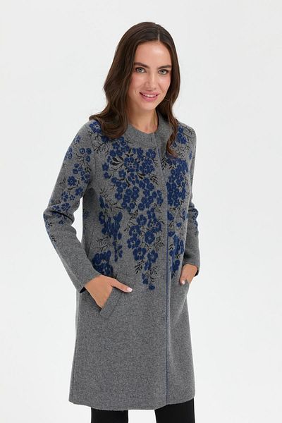 Desen Triko Women's Long Wool Cardigan with Smoke Color - Stand Collar and Floral Print