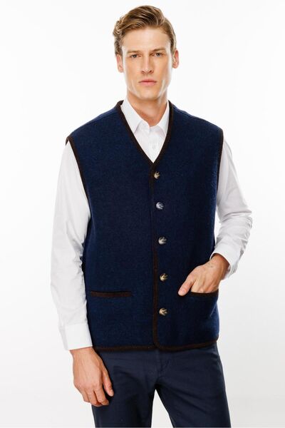 Desen Triko Navy Blue Men's Wool Vest - V-Neck, Patterned Lining
