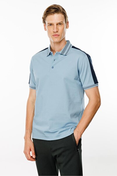 Desen Triko Blue Men's Polo Collar Shoulder Stripe T-Shirt
