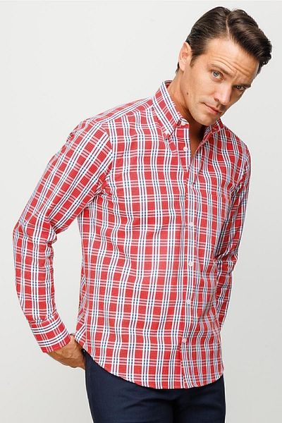 Desen Triko Men's Button-Up Collar Pocket 100% Cotton Plaid Patterned Regular Mid-Cut Shirt Red