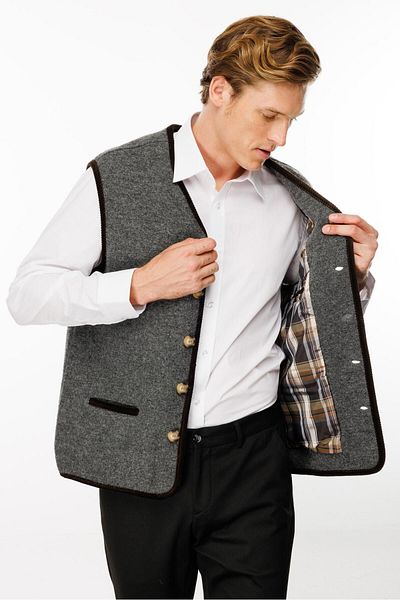 Desen Triko Smoke Colored Men's Wool Vest - V-Neck and Patterned Lining