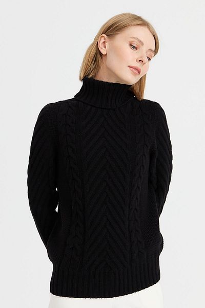 Desen Triko Pulover de lână împletit de damă, cu gât rotic, negru