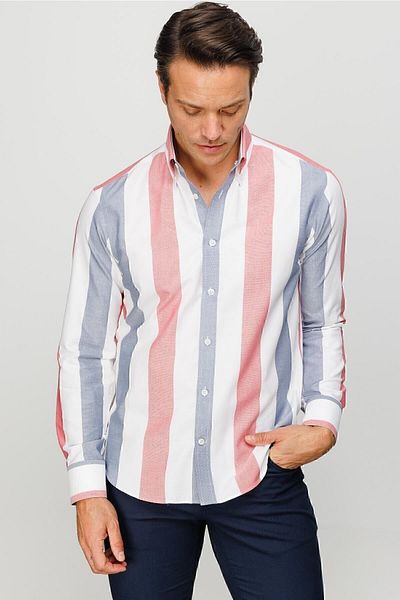 Desen Triko Men's Button Collar 100% Cotton Thick Striped Patterned Regular Mid-Cut Shirt Red