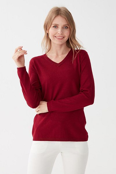 Desen Triko Women's Lined Long Sleeve Basic V-Neck Blouse Cherry
