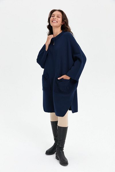 Desen Triko Navy Blue Women's Poncho - Stand Collar, Rose Embroidered, Zippered