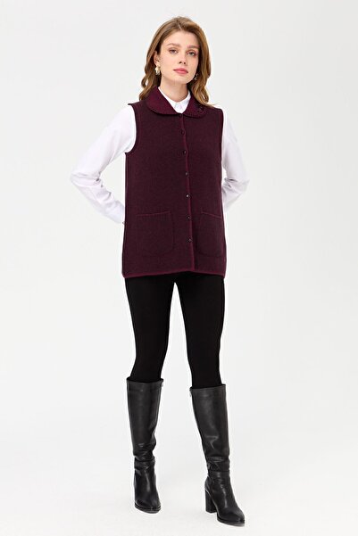 Desen Triko Жіночий жилет з поло-коміром і кишенями, в'язаний гачком, з вовни, темно-бордовий