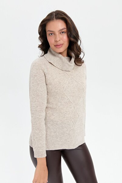 Desen Triko V.beige Women's Woolen Sweater - Degaje Collar, Thessaloniki Knit, Seamless