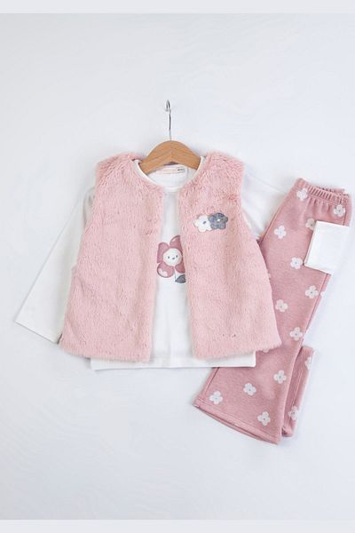Baby Rose Daisy Patterned Plush Vest and Leggings Set for Girls - Set of 3