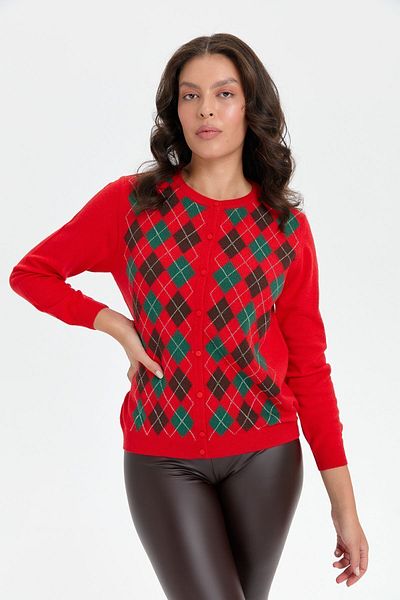 Desen Triko Cardigan de lână pentru femei de culoare coral - decolteu și argyle