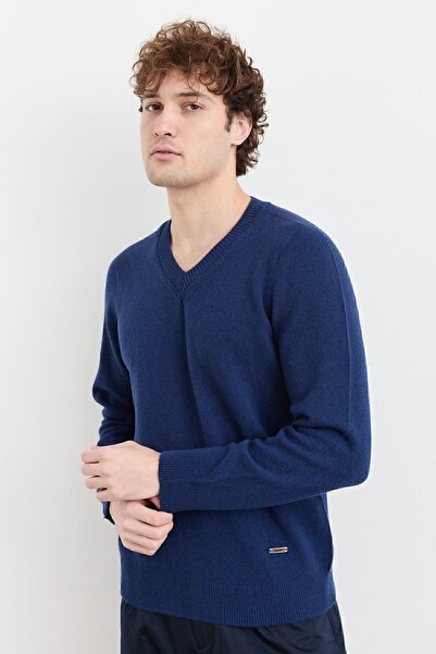 Desen Triko Чоловічий светр з V-подібним вирізом Basic з вовни, колір індиго